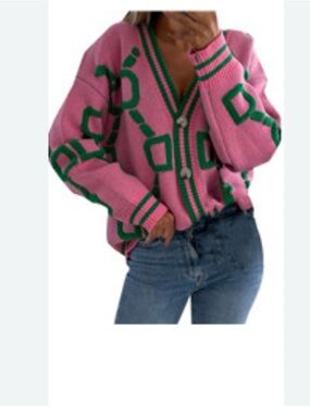 Pink Cardigan with Green Geometric Trim - V-Neck Button Sweater